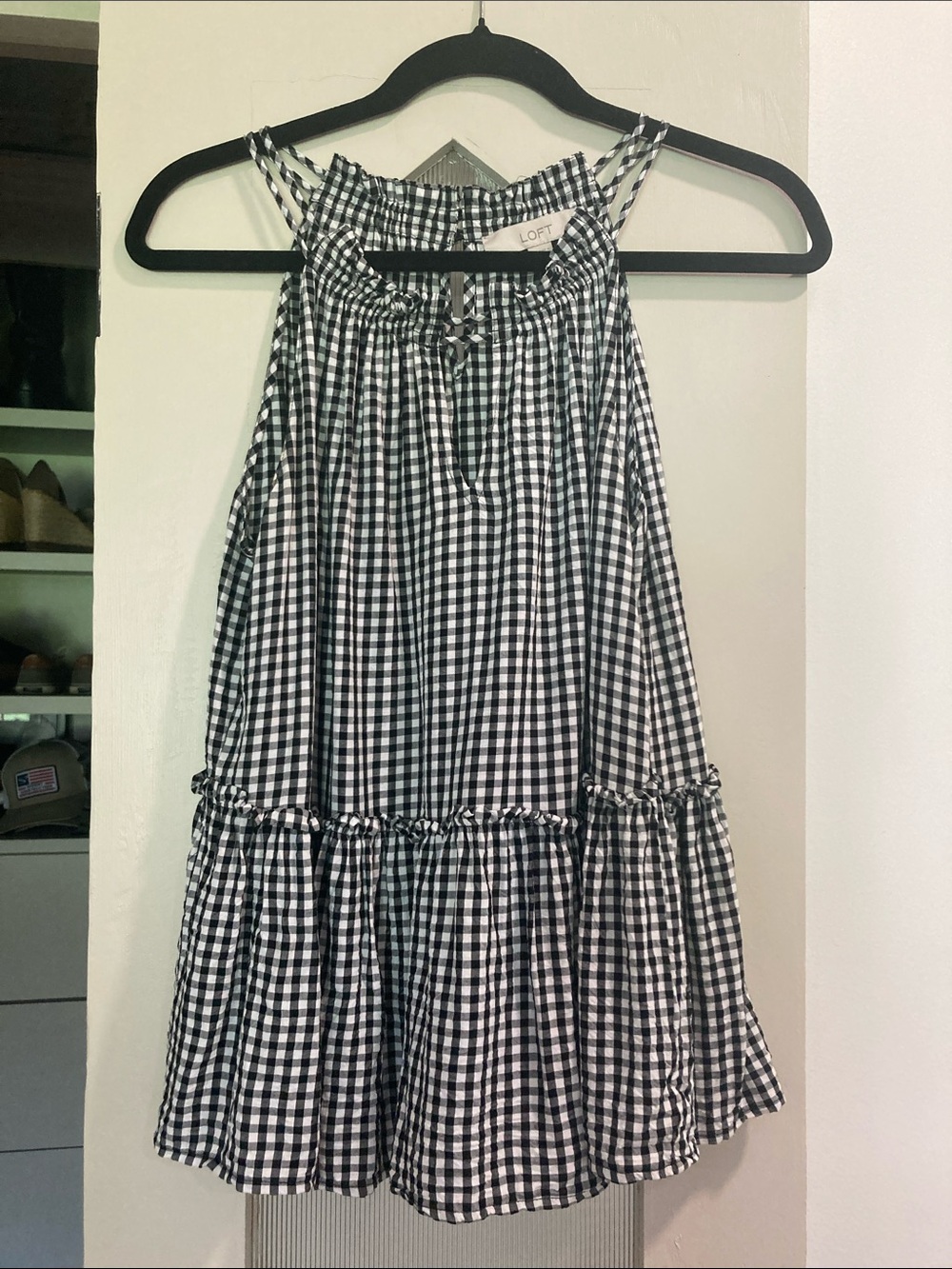 LOFT Black and White Gingham Halter Tiered Dress